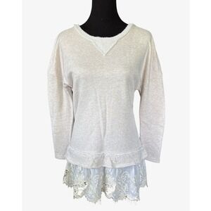 Indigo Thread Co Tan & Ivory Crochet Lace Trim Pullover, Small,Cottagecore, Boho